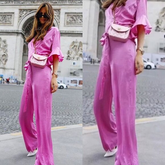 Zara High Waisted Satin Silky Wide Leg Flare Hot Pink Magenta Trouser Pants - Picture 1 of 12